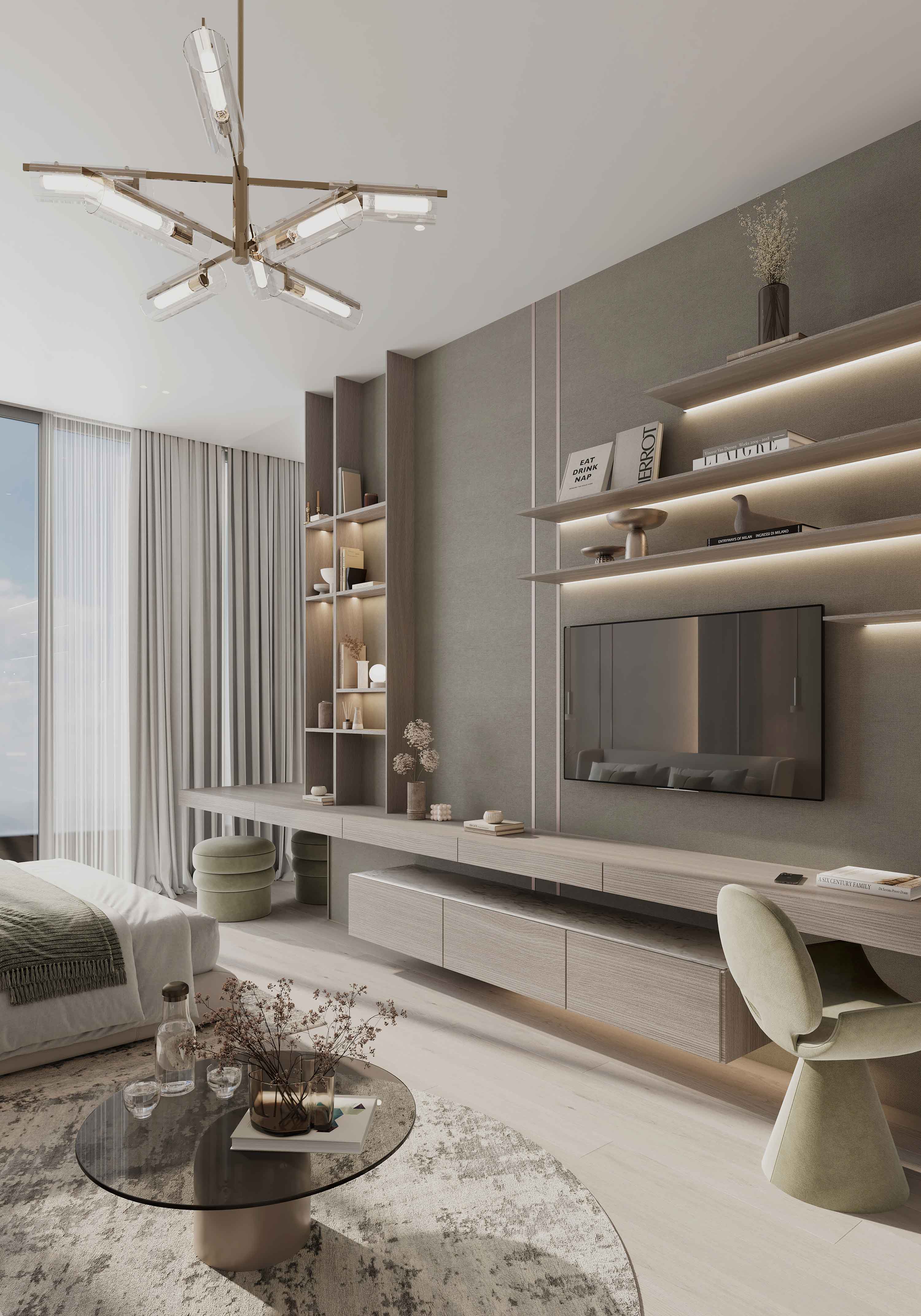 Cove Grand By Imtiaz A modern living room featuring a minimalist design, elegant lighting, and stylish furniture with decorative elements.